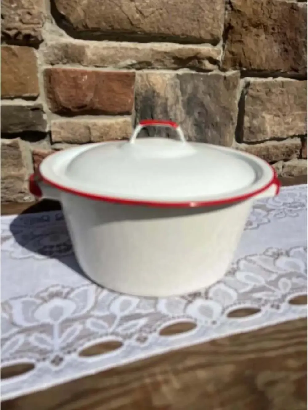 Vintage White Enamelware Pot with Lid & Basin Set Red Trim Farmhouse Cookware